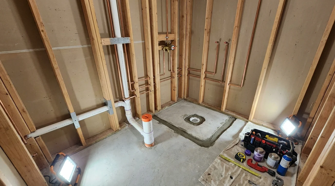 Bathroom rough-in plumbing during remodel by Johns Plumbing LLC in Marshallville