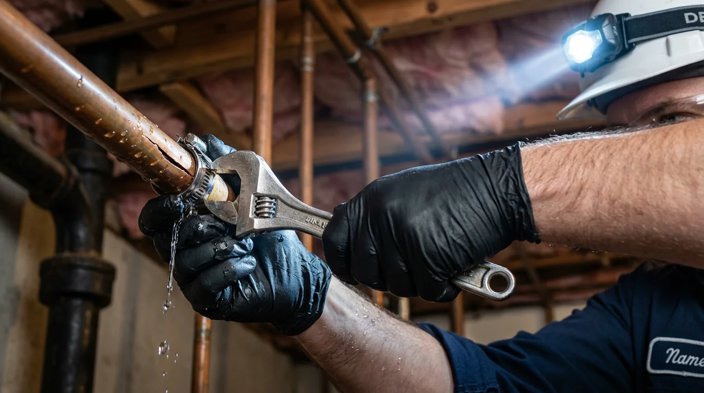 Emergency pipe clamp repair being performed by a Johns Plumbing LLC plumber in Marshallville