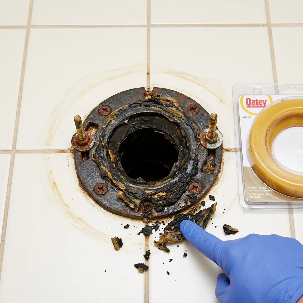 Failed wax ring showing water seepage at the base of a toilet in a Marshallville, GA home