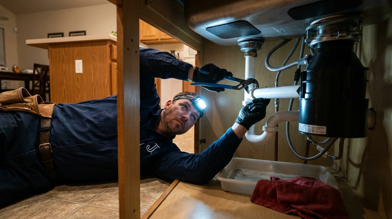 P-trap and supply line connections under a kitchen sink showing a common leak point in Marshallville, GA